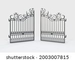 A set of ornate decorative cast iron driveway gates on an isolated white background - 3D render