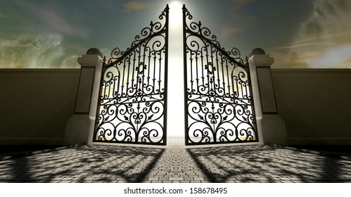 A set of ornate gates to heaven opening under an ethereal light and cloudy afterlife