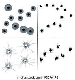 Set Of In And Out Bullet Holes At Colored Metal, Paper, Glass And Fabric. Rasterized Version