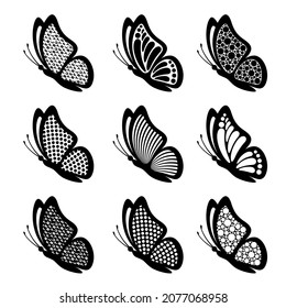 Set of outlines of side view butterflies with different wings isolated on a white background. Silhouette of butterfly is perfect for stickers, icons, business cards and gift certificates