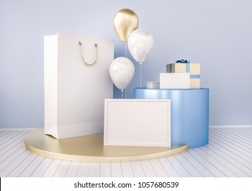 Set of paper bag, frame for certificate, card or envelope mock up in elegant blue and gold color style with balloons. Festive design for branding or corporate identity. 3d rendering illustration. - Powered by Shutterstock