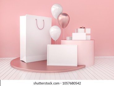 Set of paper bag, frame for certificate, card or envelope mock up in elegant pink and rose gold color style with balloons. Festive design for branding or corporate identity. 3d rendering illustration.