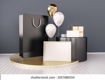 Set of paper bag, frame for certificate, card or envelope mock up in elegant black and gold color style with balloons. Festive design for branding, corporate identity presentation. 3d rendering image. - Powered by Shutterstock