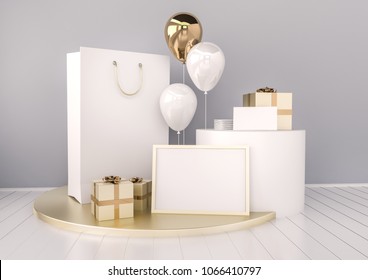 Set of paper bag, frame for certificate, card or envelope mock up in elegant grey and golden colors style with balloons. Festive design for branding or corporate identity. 3d rendering illustration. - Powered by Shutterstock