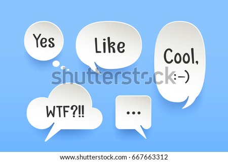 Set of paper bubble cloud talk with shadow. White paper isolated cloud talk silhouette with text Like, Cool, Yes, smile symbol. Design elements for speech, message, social network. Illustration