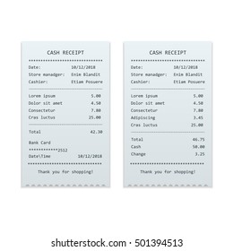 Set Paper Check And Financial Check Isolated. Sales Printed Receipt, Shopping Paper Bill Atm Vector Mockup. Bill Atm Template.  Illustration