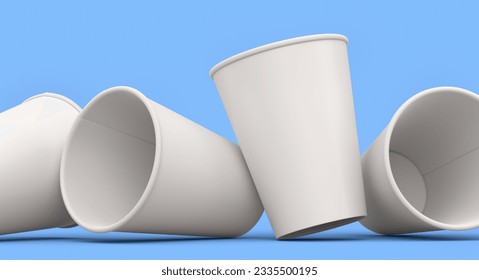 Set of paper coffee cups for cappuccino, americano, espresso, mocha, latte, cocoa on blue background. 3d render of concept takeaway food and drink in recycling packaging - Powered by Shutterstock