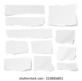 Set of paper different shapes ripped scraps fragments wisps isolated on white background. 