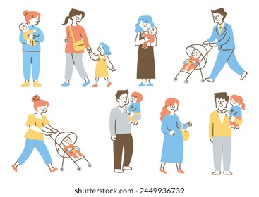 Set of parents and children going about their daily lives_Color - Powered by Shutterstock