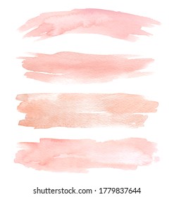 Set Of Peach Watercolor Hand Painting Brush Stroke Texture. Abstract Collection Isolated On White Background. Makeup Elements For Design.