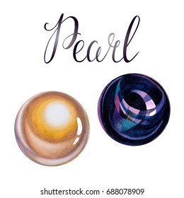 Set of Pearl stones isolated on white background. June birthstones Realistic illustration of gems drawn by hand with watercolor