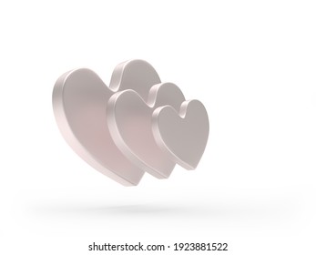 Set Of Pearlescent Silver Hearts Icons Of Different Sizes On White. 3d Illustration 