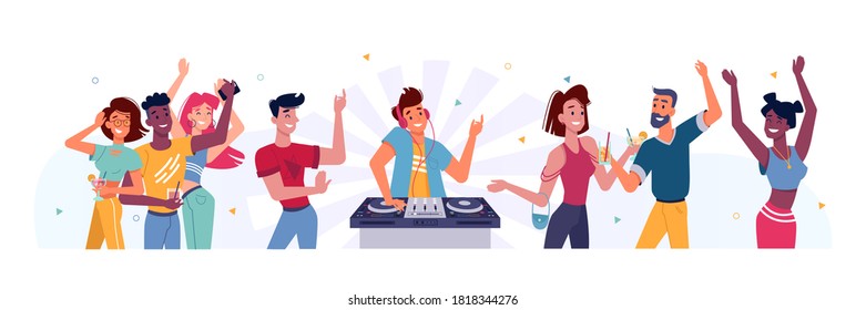 Set of people dancing at party and DJ. Man at turntable near happy person at birthday or holiday celebration, concert. Nightclub young crowd. Friend group entertainment. Music and dancer theme - Powered by Shutterstock