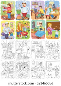 Set of people of different professions. Artist, cook, programmer, scientist, doctor, farmer, tailor and teacher. Cute and funny cartoon characters. Coloring book. Coloring page. Poster. 