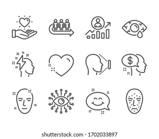 Set of People icons, such as Heart, Brainstorming, Health skin, Hold heart, Smile chat, Ð¡onjunctivitis eye, Queue, Face id, Career ladder, Artificial intelligence, Face biometrics, Pay.