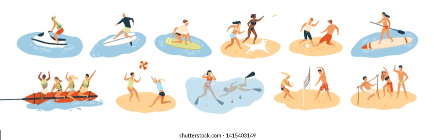 Set of people performing summer sports and leisure outdoor activities at beach, in sea or ocean - playing games, diving, surfing, riding water scooter. Colorful flat cartoon illustration - Powered by Shutterstock