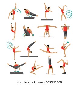 Set of people in sport gymnastic positions. Sportsman flat icons isolated on white background. Artistic and rhythmic gymnast exercise.