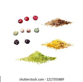 Set of pepper and herbs, spices in powder piles. Watercolor - Powered by Shutterstock