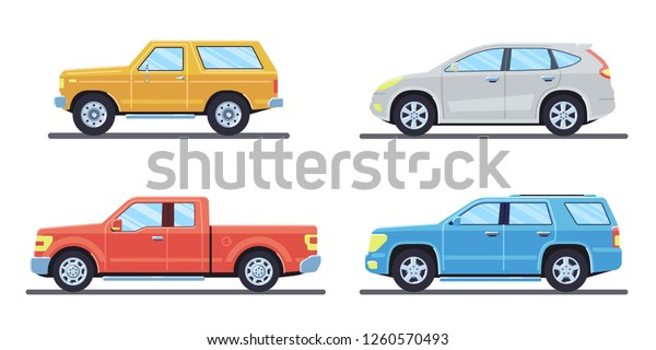 Set of personal cars.\
Set of automobiles in flat style. Offroad suv, pickup. Side view.\
Raster version.