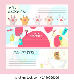 set of pet grooming cards, flyers, posters with cute dog taking bath, animal paws and pet care tools and accessories. Dog grooming salon web banner templates. - Powered by Shutterstock