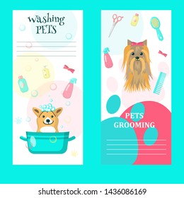 set of pet grooming cards, flyers, posters with cute dogs taking bath, getting haircut, animal care accessories. Dog grooming services and supplies advertising banners. - Powered by Shutterstock