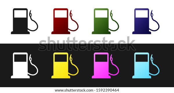 Set Petrol or Gas\
station icon isolated on black and white background. Car fuel\
symbol. Gasoline pump.\
