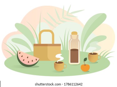 A set for a picnic. Lunch in the park. Feeding in nature. A picnic set up with watermelon, coffee, apple, basket, and bottle on the grass. Flat minimalistic illustration in pastel colors. - Powered by Shutterstock