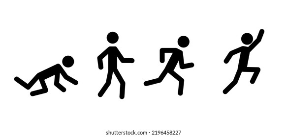 A Set Of Pictograms Of Human Figures, A Stick Man Crawling, Walking, Running, Jumping. Flat Design Style. Clip Art Image Isolated On A White Background.