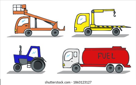 A Set Of Pictures Of Special Machines. Aerial Platform, Tractor, Tow Truck, Fuel Truck. Freehand Sketch, Side View With Shadow.