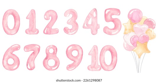 Set of pink balloon numbers for baby girl celebration party, nursery or milestones. Hand-drawn watercolor illustration. - Powered by Shutterstock