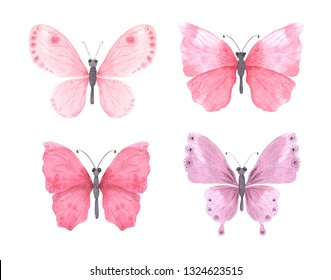 Set of Pink and purple bright watercolor butterflies isolated on white. Hand painted delicate exotic butterflies design perfect for wedding invitations and card making
