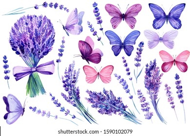set of pink and purple butterflies, bouquet and twigs of lavender on an isolated white background, watercolor painting