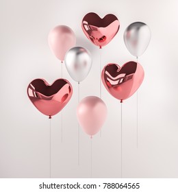 Set of pink and silver glossy 3d realistic balloons in heart shape on white background. Valentine's Day or wedding day romantic themes for party, events, presentation or promotion banner, posters.