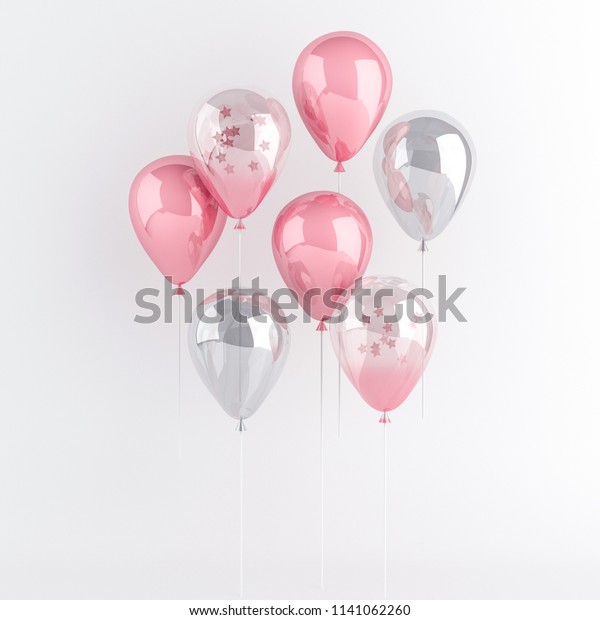白い背景にピンクと透明の光沢風船とキラキラ星 誕生日 パーティ 結婚式 プロモーションバナー ポスター用の3dレンダリング リアルなイラスト の イラスト素材