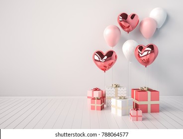 Set of pink and white glossy 3d realistic balloons in heart shape with stick. Valentine's Day or wedding day romantic background for party, events, presentation or promotion banner, posters.