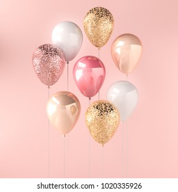 Set of pink, white and golden glossy balloons on the stick with sparkles on pink background. 3D render for birthday, party, wedding or promotion banners or posters. Vivid and realistic illustration.