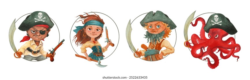 Set of Pirate character circle stickers. Hand drawn cartoon octopus and children in corsair costumes. Watercolor isolated portraits for party decoration, prints and designs, label, tableware, t-shirt - Powered by Shutterstock