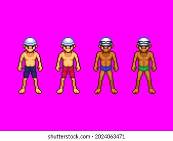 A Set Of Pixel Art In Which A Man Stands In A Bathing Suit.