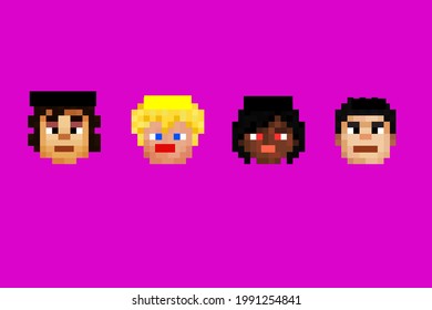 set pixel cartoon characters on purple background - illustration 