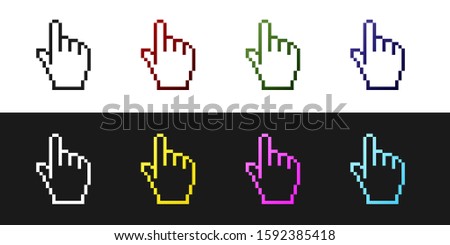 Set Pixel hand cursor icon isolated on black and white background. Pointer hand cursor.  