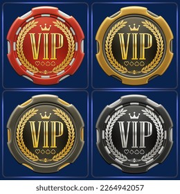 A set of poker chips with the sign "V.I.P" printed on each of them. They are adorned with a laurel wreath, a symbol of excellence, a perfect choice for advertising exclusive poker events. 3D render - Powered by Shutterstock