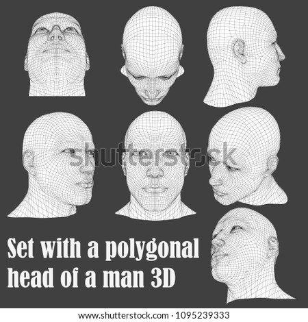 Set with a polygonal head of a man 3D. The head of a man from different angles