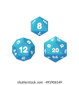 Set of polyhedral dice for fantasy RPG tabletop games. 8, 12 and 20 sides. Flat icons for apps and websites.
