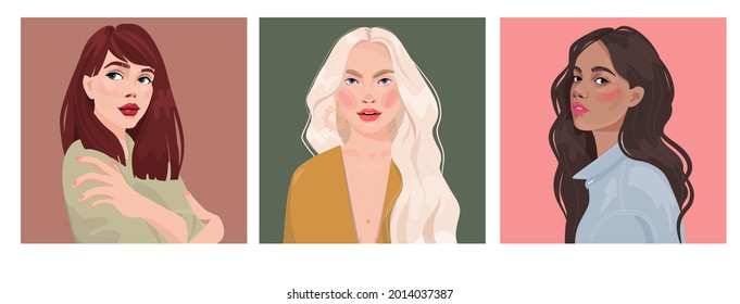 Set of portraits of women of different gender and age. Diversity. flat illustration. Avatar for a social network. 