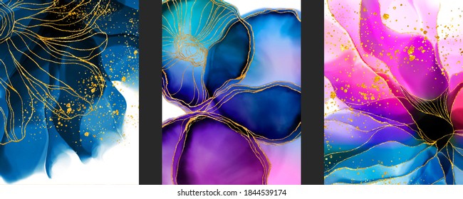 Set Poster Fluid art background and watercolor  alcohol ink stain  spots elements and purple  pink  blue color  Elegant gold lines wallpaper  Poster  texture  print and copy spase