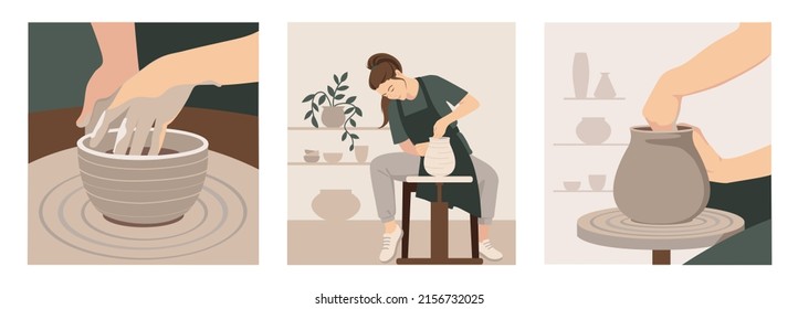 A set of posters for a pottery workshop, a ceramics studio. Potter works with a potter's wheel, the process of creating ceramics in the workshop. - Powered by Shutterstock