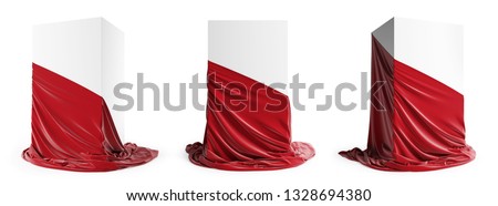 Set of presentation pedestal with a red silk cloth. Isolated on a white background with clipping path.  3D illustration Foto stock © 
