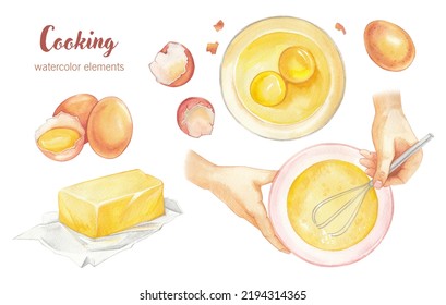 A set of products for cooking: eggs, butter, beaten eggs with a whisk. Watercolor hand-drawn illustration highlighted on a white background. Ideal for illustrations in books and magazines - Powered by Shutterstock