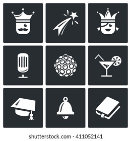 Set Of Prom Icons. King, Firework, Queen, Equipment, Disco, Alcohol, Master, Last Call, Scenario. Man, Celebration, Girl, Microphone, Lumiere, Cocktail, Graduation Hat, Bell, Book