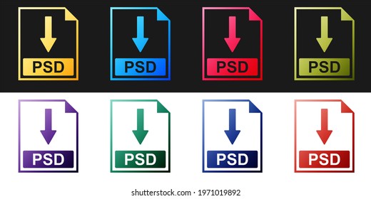 Set PSD file document icon. Download PSD button icon isolated on black and white background.
